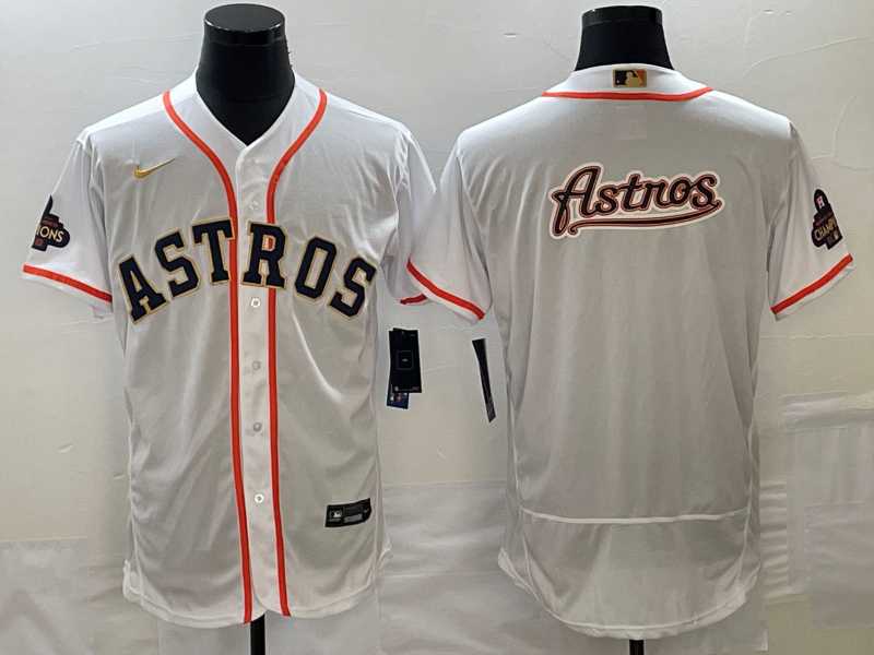 Mens Houston Astros Big Logo 2023 White Gold World Serise Champions Patch Flex Base Stitched Jerseys